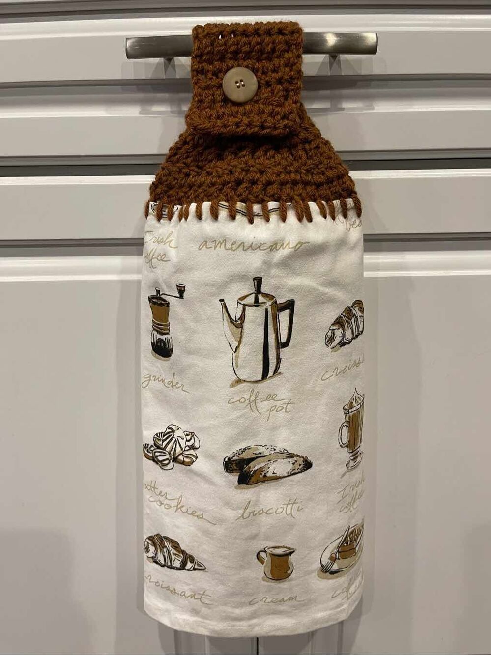 Crochet Top Kitchen Towel- Coffee Themed brown topper